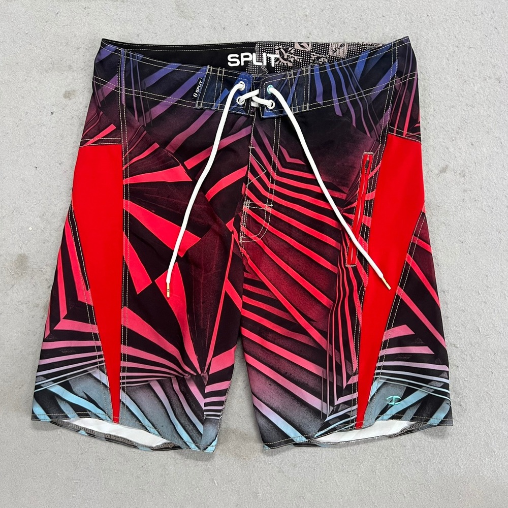 Split Mens Board Shorts Size 33 Red Purple Geometric Skater Surf Swim Trunks